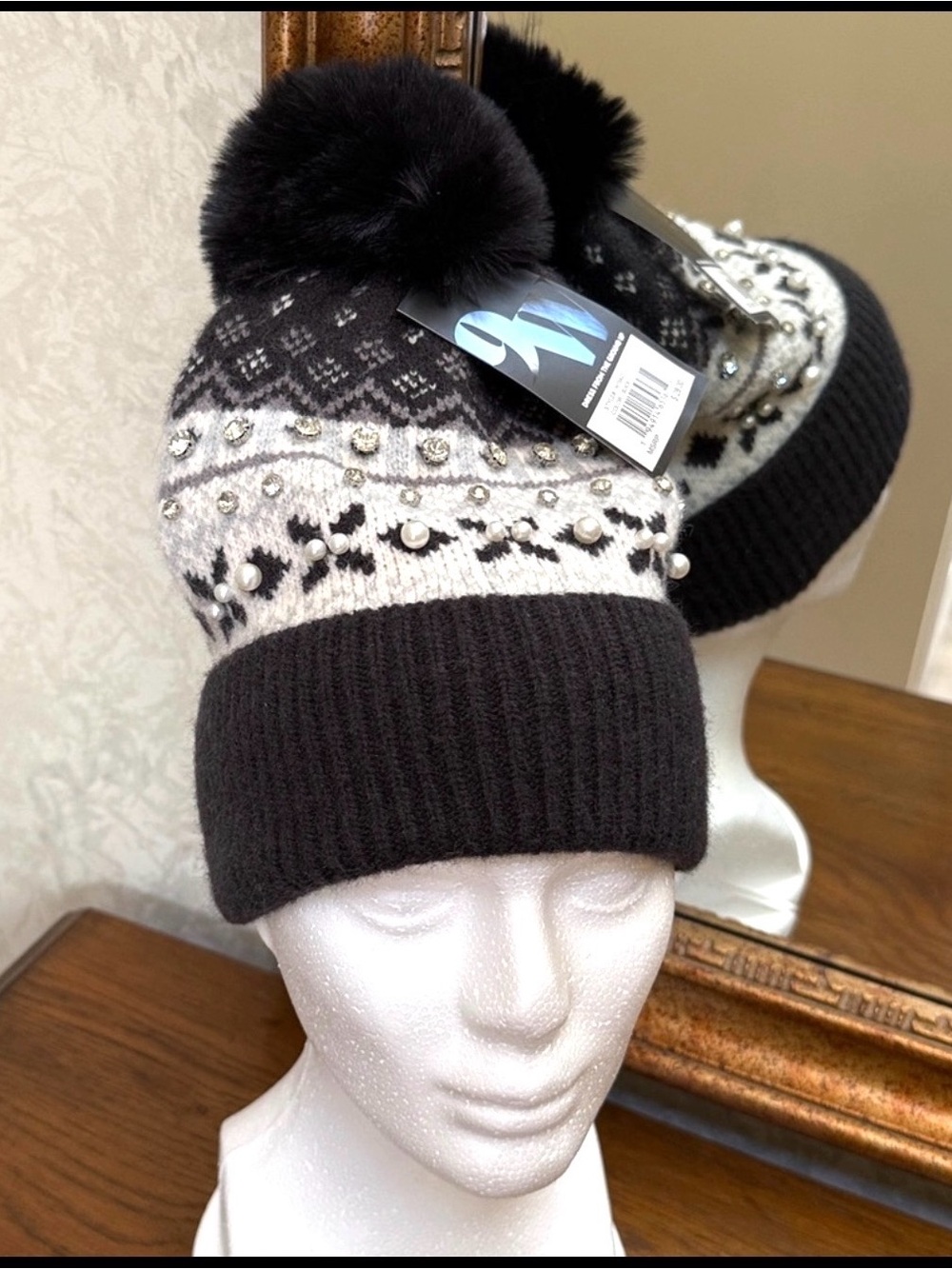 Nine West Black and White Rhinestone Knit Hat with Pom Pom. O/S.